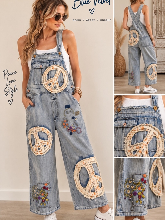 Bluevelvet Denim - Blue Denim Women's Overalls with Cream Peace Patch Details
